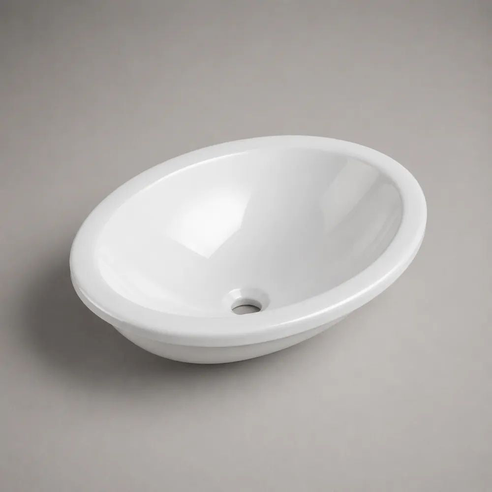 Ovales Einbauwaschbecken aus glasierter Sanitärkeramik, Weiß, 55 × 42 × 18 cm, ohne Hahnloch