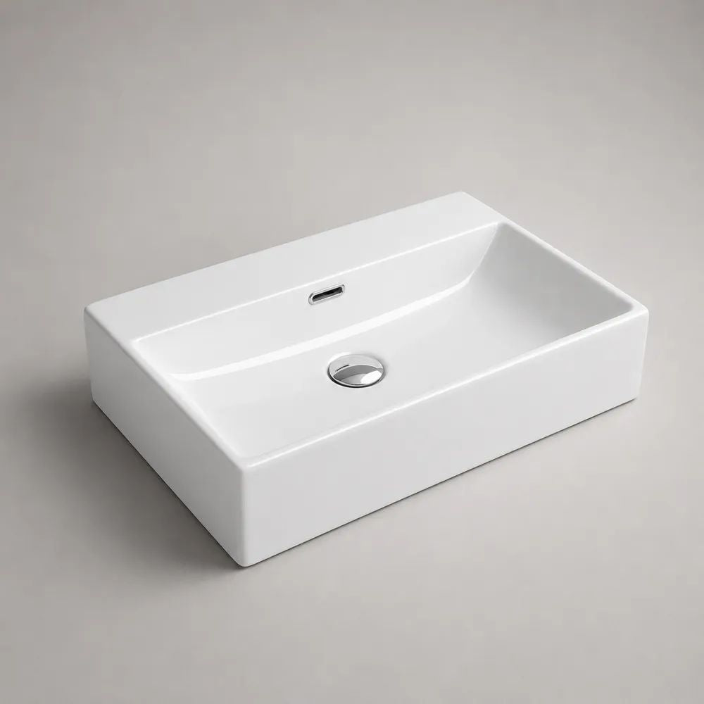 Rechteckiges Aufsatzwaschbecken aus Sanitärkeramik, Weiß, 60 × 42 × 14 cm, mit Überlauf