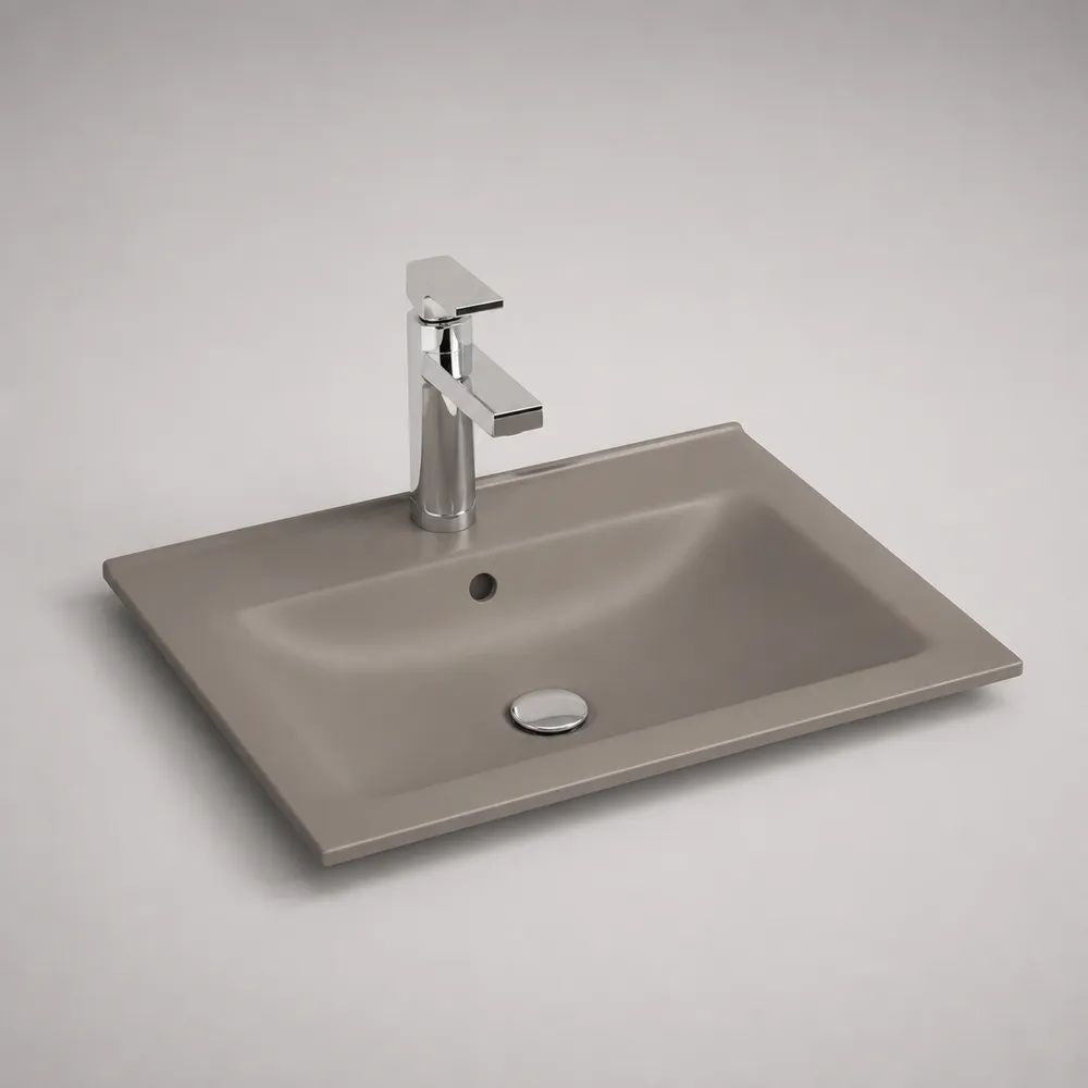3-teiliges rechteckiges Waschbecken-Set aus Keramik mit Metall-Einhebelarmatur, Taupegrau/Silber, 60 × 45 × 13 cm