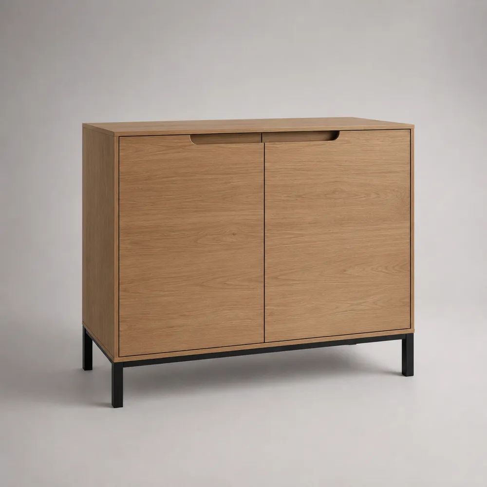Sideboard mit 2 Türen aus MDF mit Eichenfurnier und Stahl, Natur/Schwarz, 90 × 40 × 90 cm