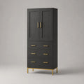 Highboard Hochschrank aus Holz und Metall mit 2 Türen und 3 Schubladen, Schwarz/Goldfarben, 90 × 40 × 180 cm