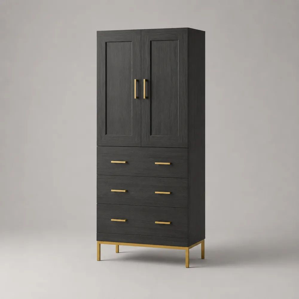 Highboard Hochschrank aus Holz und Metall mit 2 Türen und 3 Schubladen, Schwarz/Goldfarben, 90 × 40 × 180 cm