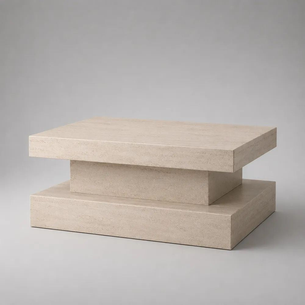 Rechteckiger Couchtisch aus MDF mit PVC-Dekorfolie in Travertinoptik, Beige, 100 × 70 × 40 cm