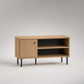 Schuhschrank aus MDF, Holz und Stahl mit 1 Tür und 2 offenen Fächern, Natur/Schwarz, 110 × 35 × 70 cm