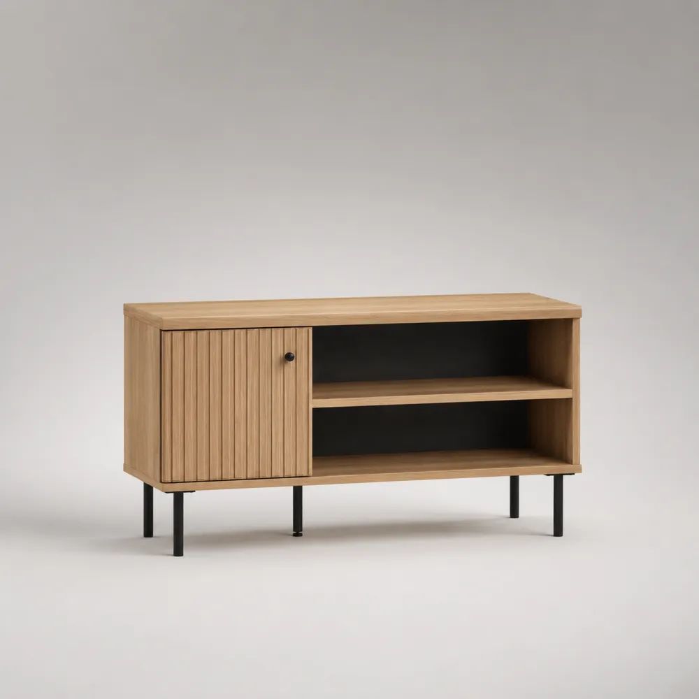 Schuhschrank aus MDF, Holz und Stahl mit 1 Tür und 2 offenen Fächern, Natur/Schwarz, 110 × 35 × 70 cm