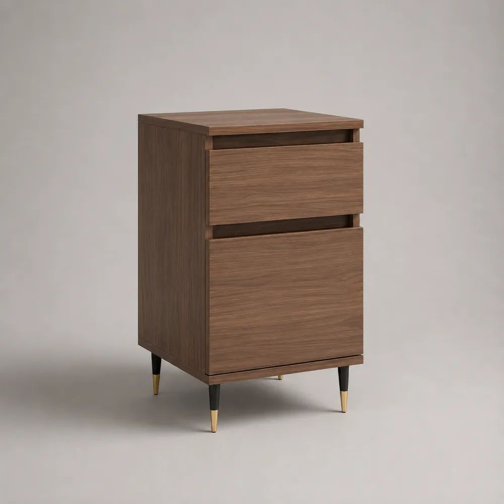 Schmale Kommode aus MDF mit 2 Schubladen, Walnussbraun/Schwarz/Messingfarben, 50 × 40 × 90 cm