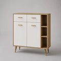 Sideboard aus MDF und Spanplatte mit 2 Türen, 2 Schubladen und 3 offenen Fächern, Weiß/Eichefarben/Goldfarben, 100 × 40 × 110 cm
