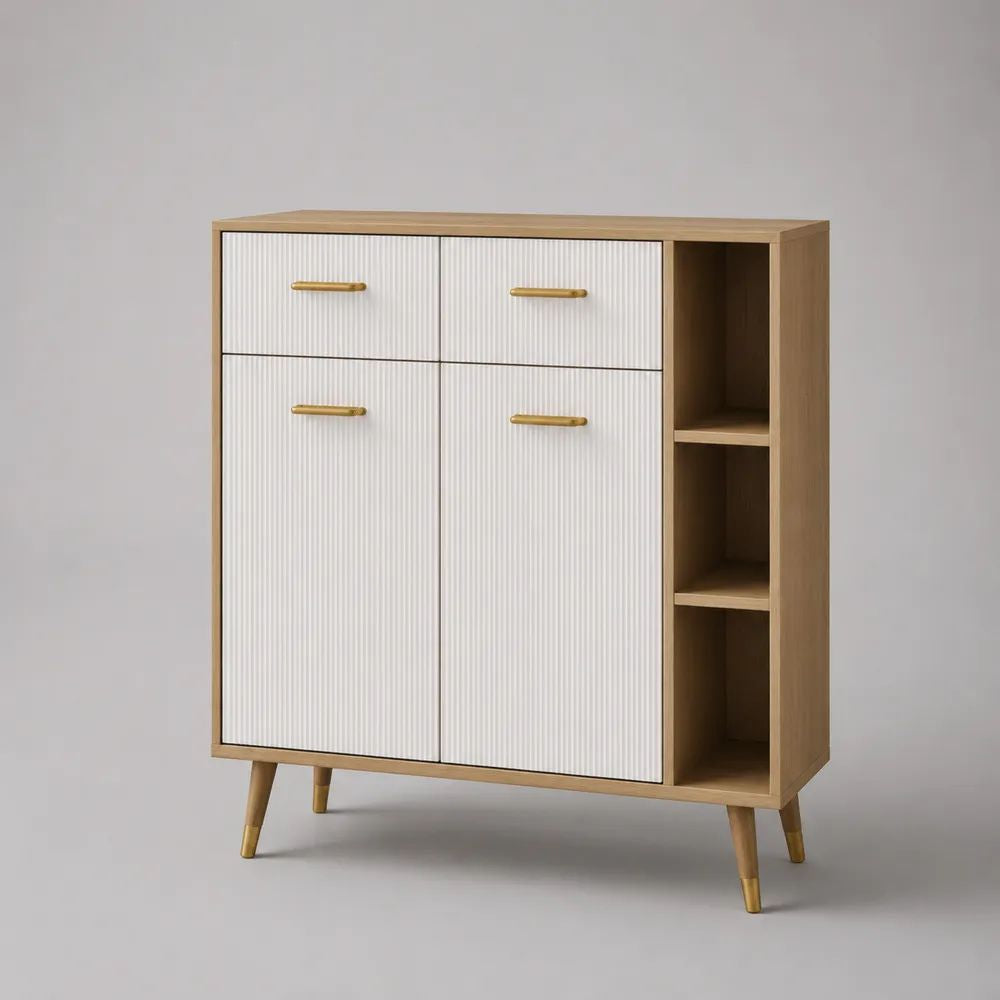 Sideboard aus MDF und Spanplatte mit 2 Türen, 2 Schubladen und 3 offenen Fächern, Weiß/Eichefarben/Goldfarben, 100 × 40 × 110 cm