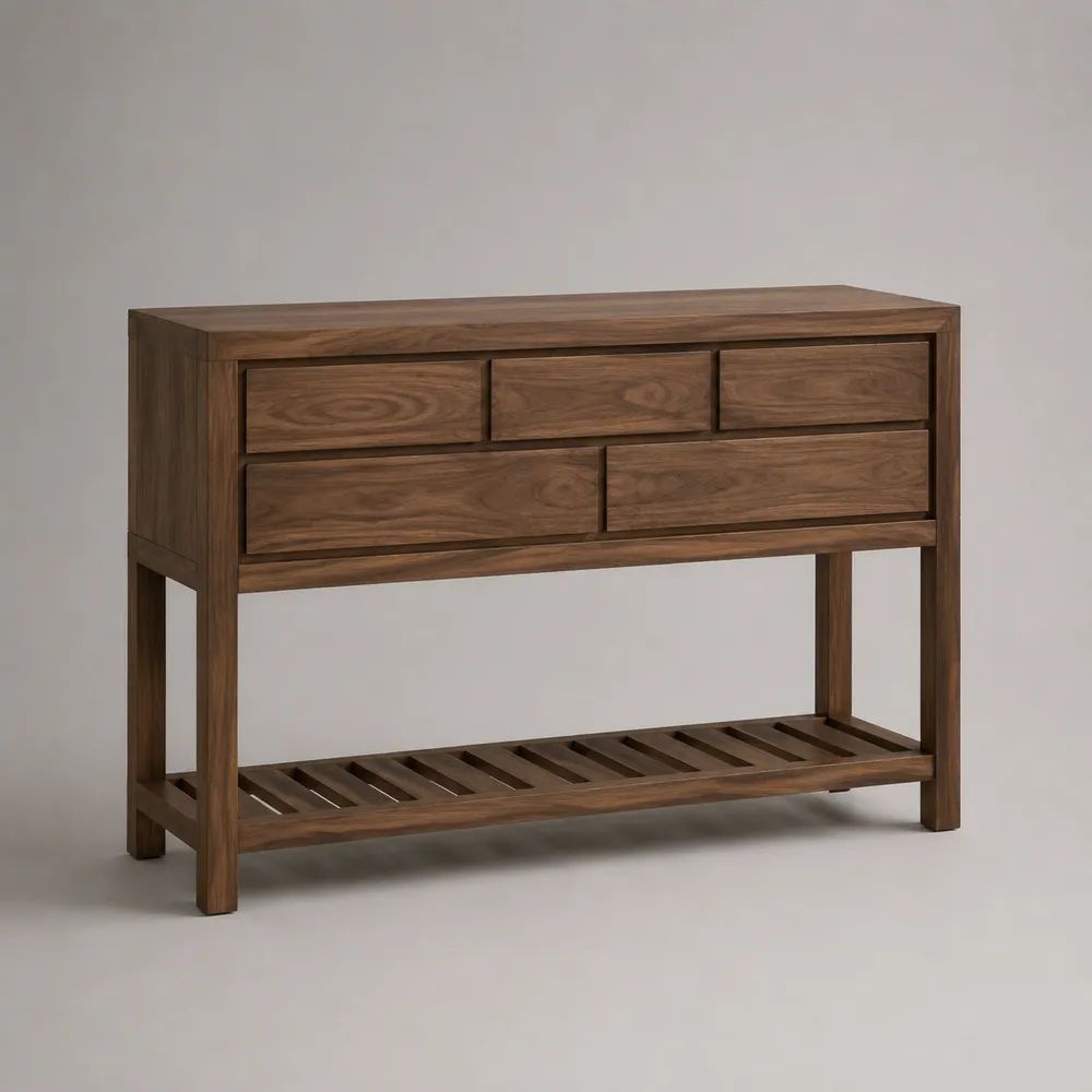 Sideboard aus massivem Walnussholz mit 5 Schubladen und Ablage, Walnussbraun, 120 × 40 × 85 cm