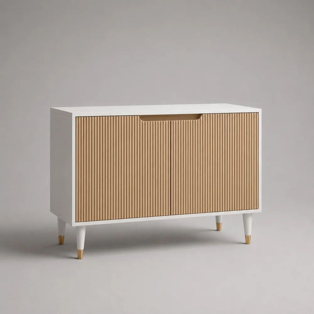 Sideboard aus MDF mit 2 Türen und geriffelter Front, Weiß/Naturbraun/Messingfarben, 100 × 40 × 80 cm