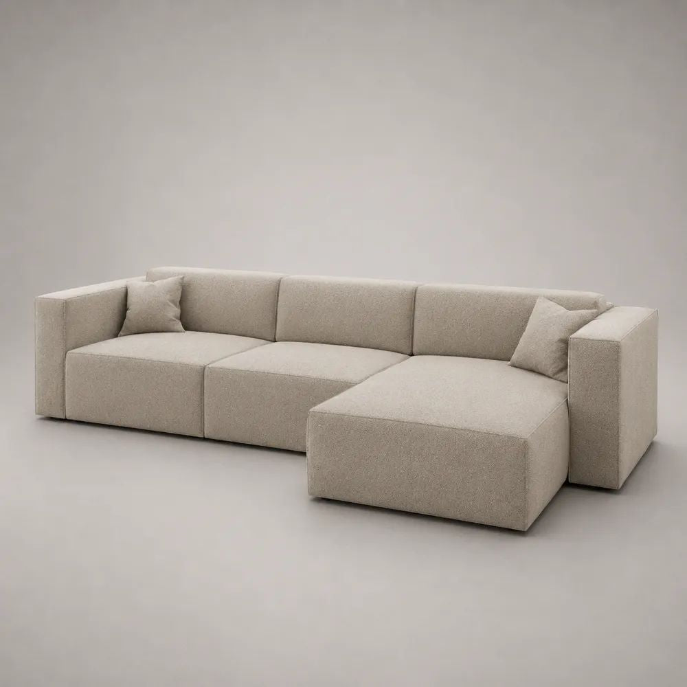 3-teiliges modulares Ecksofa mit Ottomane rechts, Bouclé-Stoff, L-Form, Beige, 285 × 165 × 72 cm