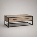Rechteckiger Couchtisch aus Spanplatte und Stahl mit 2 Schubladen, Naturfarben/Schwarz, 110 x 60 x 45 cm