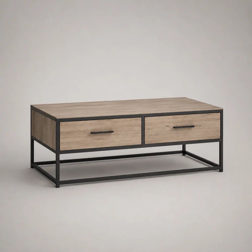 Rechteckiger Couchtisch aus Spanplatte und Stahl mit 2 Schubladen, Naturfarben/Schwarz, 110 x 60 x 45 cm