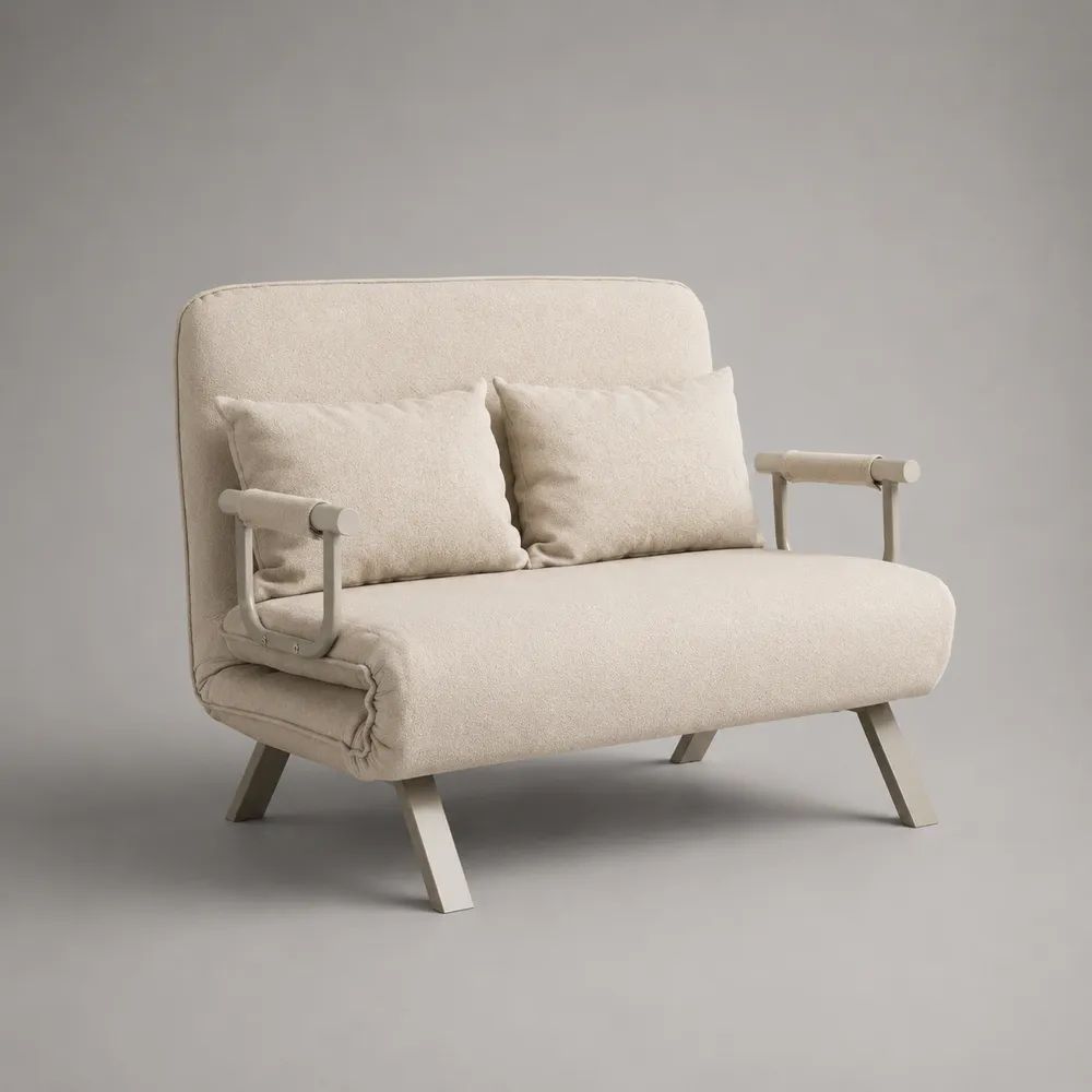 2-Sitzer-Schlafsofa aus Polyester-Bouclé mit Stahlgestell, Cremeweiß, 125 × 87 × 88 cm, Liegefläche 119 × 190 cm