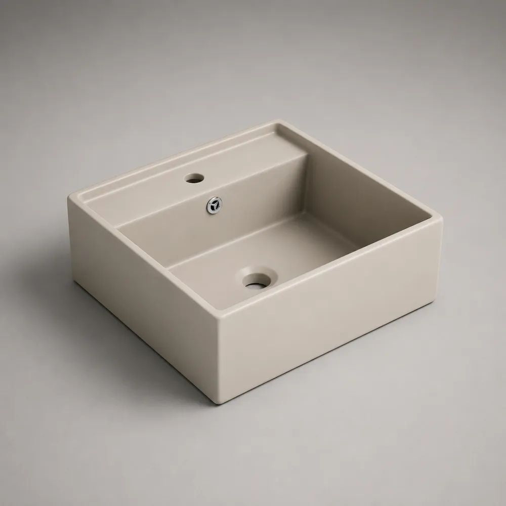 Rechteckiges Aufsatzwaschbecken aus Sanitärkeramik, Beige, 45 × 40 × 15 cm, mit Hahnloch und Überlauf
