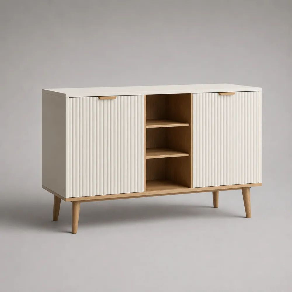 Sideboard aus MDF mit 2 Türen und 3 offenen Fächern, Weiß/Eiche Natur, 120 × 40 × 80 cm