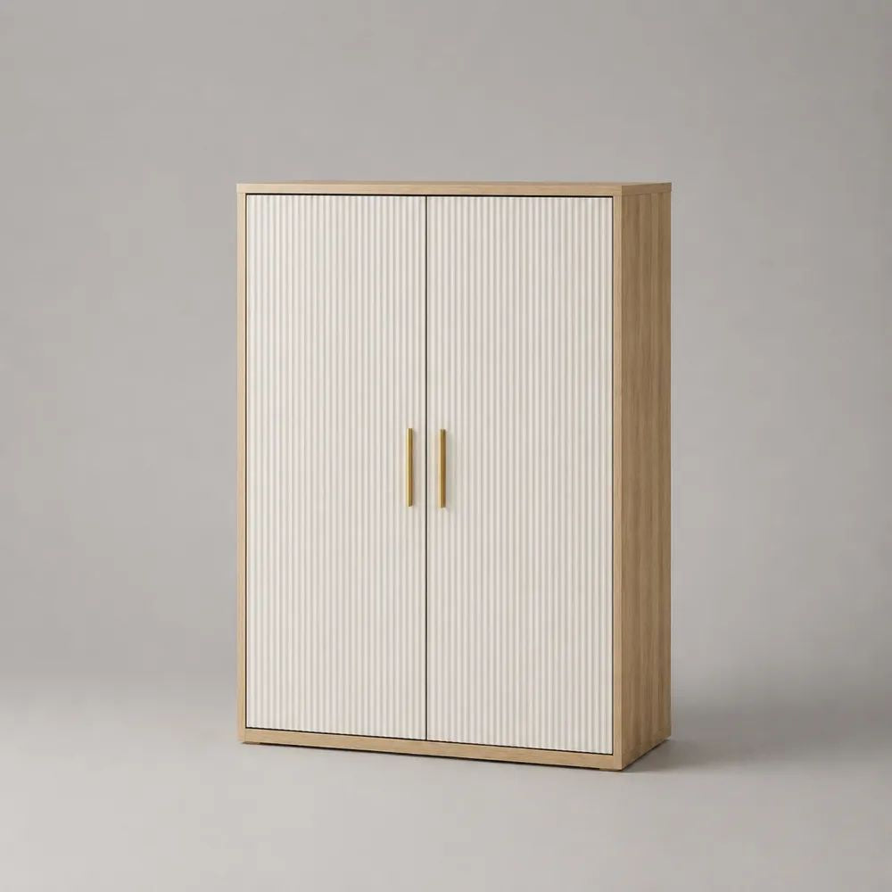 Highboard mit 2 Türen und geriffelter MDF-Front, Spanplattenkorpus, Weiß/Eichefarben/Goldfarben, 100 × 40 × 140 cm