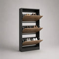 Schuhschrank aus Spanplatte mit 3 Klappen und offenem Ablagefach, Schwarz/Walnussbraun, 60 × 24 × 120 cm