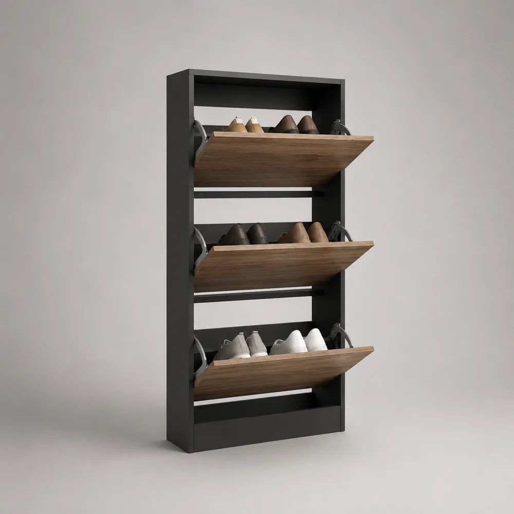 Schuhschrank aus Spanplatte mit 3 Klappen und offenem Ablagefach, Schwarz/Walnussbraun, 60 × 24 × 120 cm