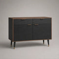 Sideboard aus MDF mit Walnussfurnier, 2 Türen und 2 Schubladen, Schwarz/Braun/Messingfarben, 120 × 40 × 85 cm
