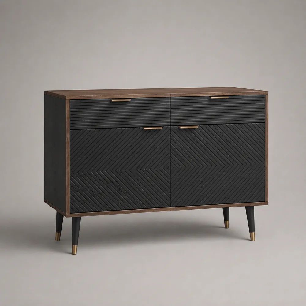 Sideboard aus MDF mit Walnussfurnier, 2 Türen und 2 Schubladen, Schwarz/Braun/Messingfarben, 120 × 40 × 85 cm