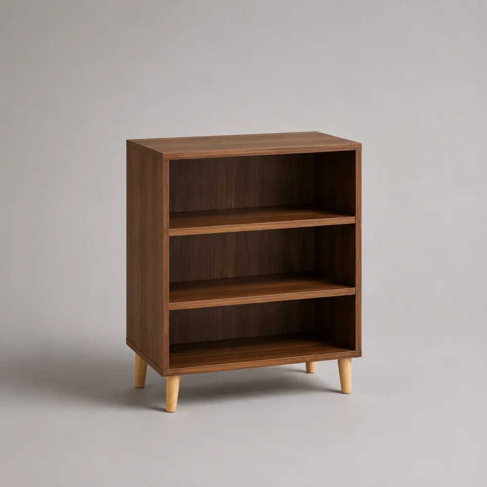Sideboard aus Spanplatte und Buchenmassivholz mit 3 offenen Fächern, Walnussbraun/Natur, 80 × 35 × 100 cm