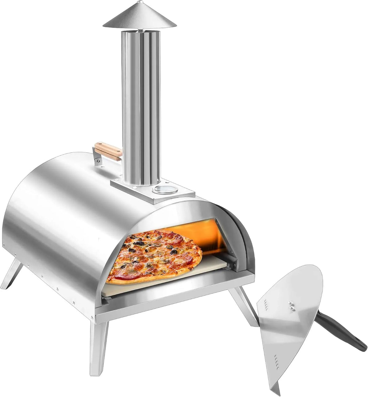 Holzpellet-Pizzaofen, Tragbarer Pizzaofen aus Edelstahl für den Außenbereich mit eingebautem Thermometer, klappbaren Beinen, Terrasse