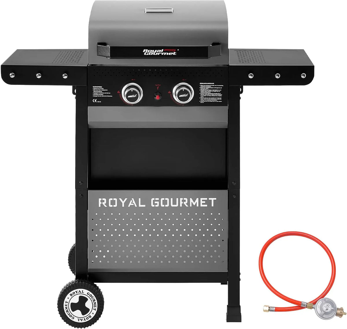 Gasgrill, Outdoor für Balkon, Royal Gourmet 2-Brenner 5 kW Grillwagen mit klappbaren Seitenablagen, Ablagekorb, Garten und Camping, Terrasse
