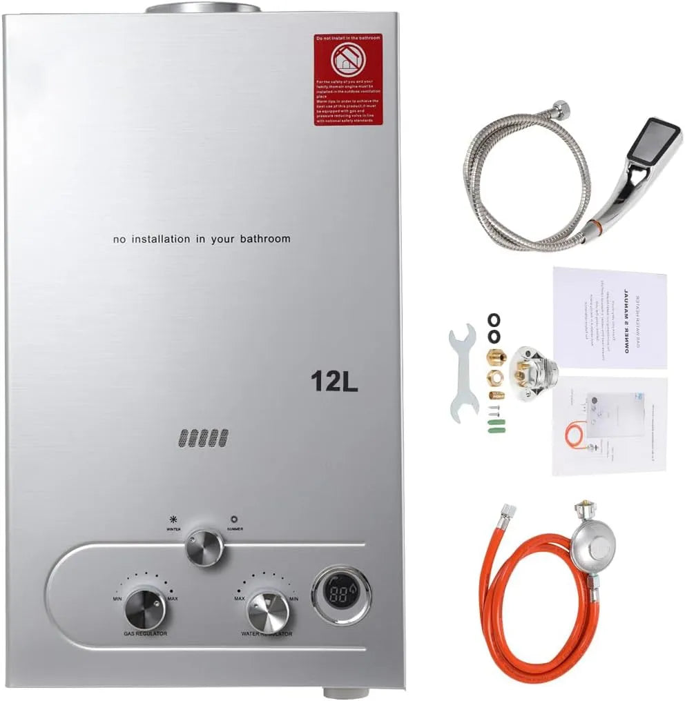 Warmwasserbereiter, Fassungsvermögen 12L 24KW Tragbarer Gas Durchlauferhitzer Propangas Campingdusche, mit Gasdruckminderer