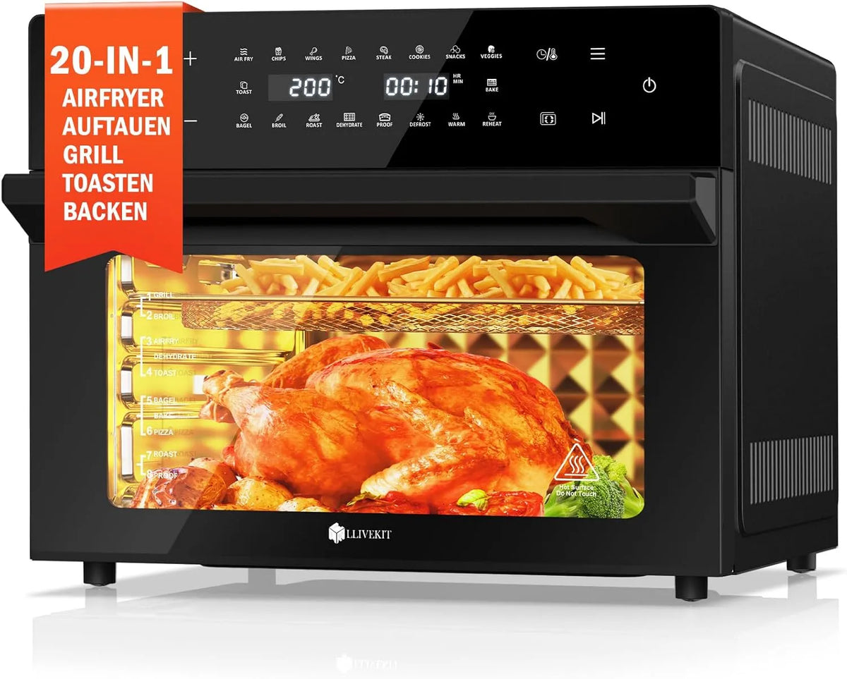 Heißluftfritteuse C-230, Mini Backofen mit LED-Touchscreen, Fassungsvermögen 30L XXL, Minibackofen Umluft mit 20 Betriebsprogramme und 9 Zubehör