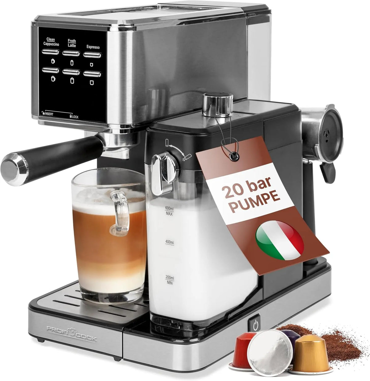 Nespresso Espressomaschine 2in1 PC-ES 1266, 20 bar, ProfiCook, für Kaffeepulver und kompatible Kapseln, Siebträgermaschine, Siebträger für Espresso