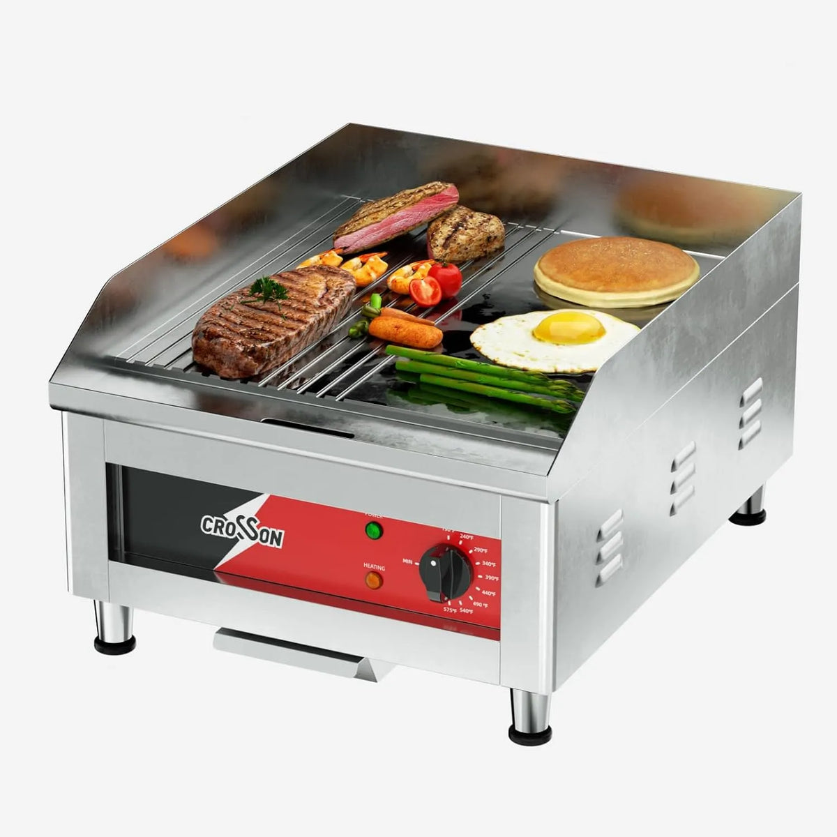 Grill, Maße 40 x 40 cm, aus 10 mm starkem Gusseisen und 300℃ precise EGO Thermostat, CROSSON Profi Gastro Grillplatte Elektrisch