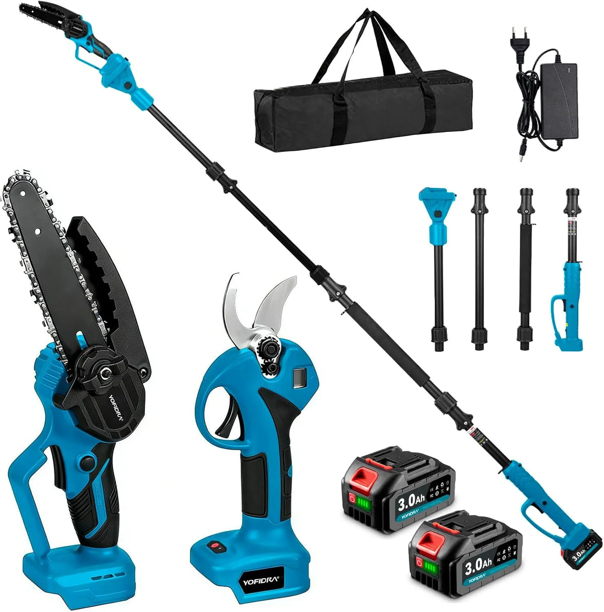Modell Yofidra 4-in-1 Akku Hochentaster 2x3.0Ah, 180° Einstellbarer Winkel, 6 Zoll Teleskop Kettensäge Akku & 30mm Elektrische Astschere