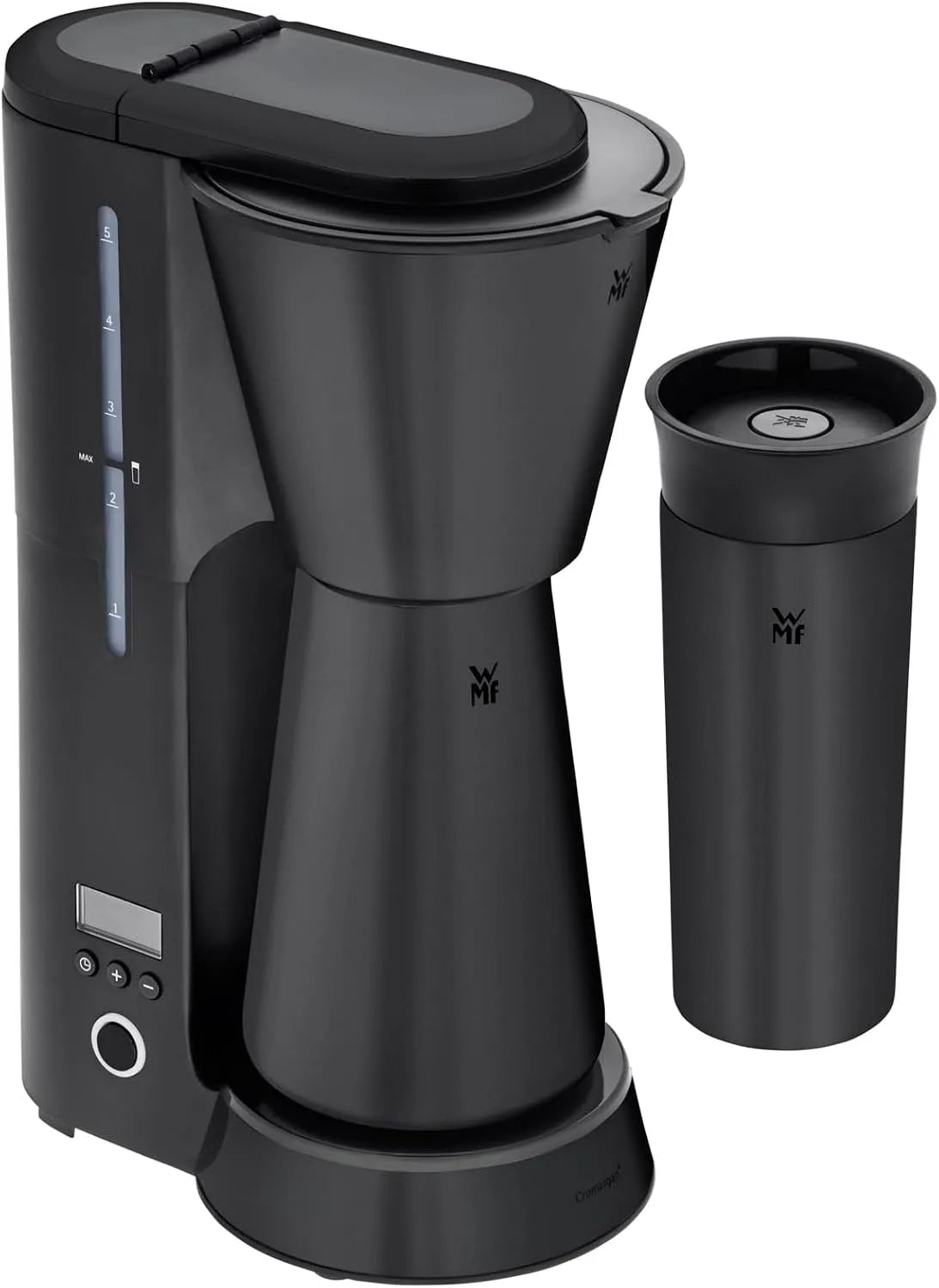 WMF Kaffeemaschine, Thermobecher to go, 870 Watt, Küchenminis Aroma Filterkaffeemaschine mit Thermoskanne, edelstahl in Schwarz matt, Timer
