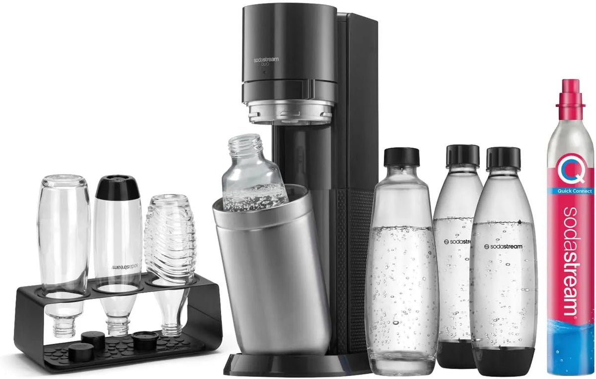 Modell DUO Comfort-Set mit Quick-Connect CO2-Zylinder SodaStream Wassersprudler, inklusive. 2x 1L Glasflasche, spülmaschinengeeignet, in Titan