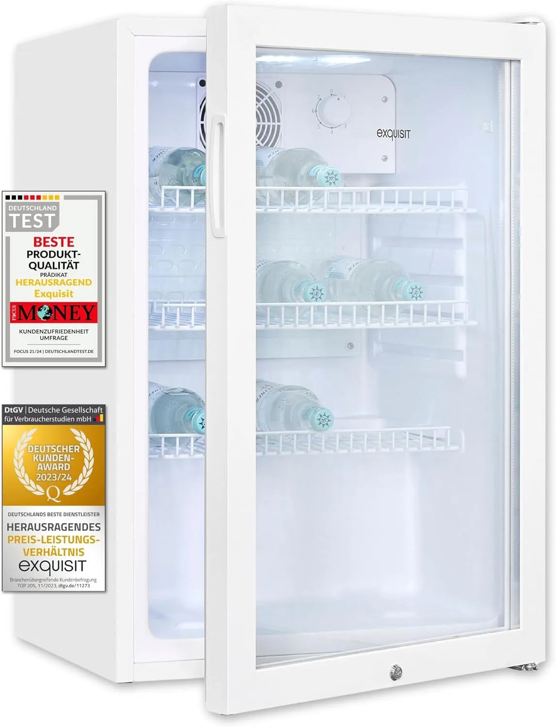 Exquisit Kühlschrank GKS120-GT-160C, 3 Gitterablagen, Türschloss, Standgerät, Nutzinhalt: 118 L, Glastürkühlschrank weiss, Umluftventilator