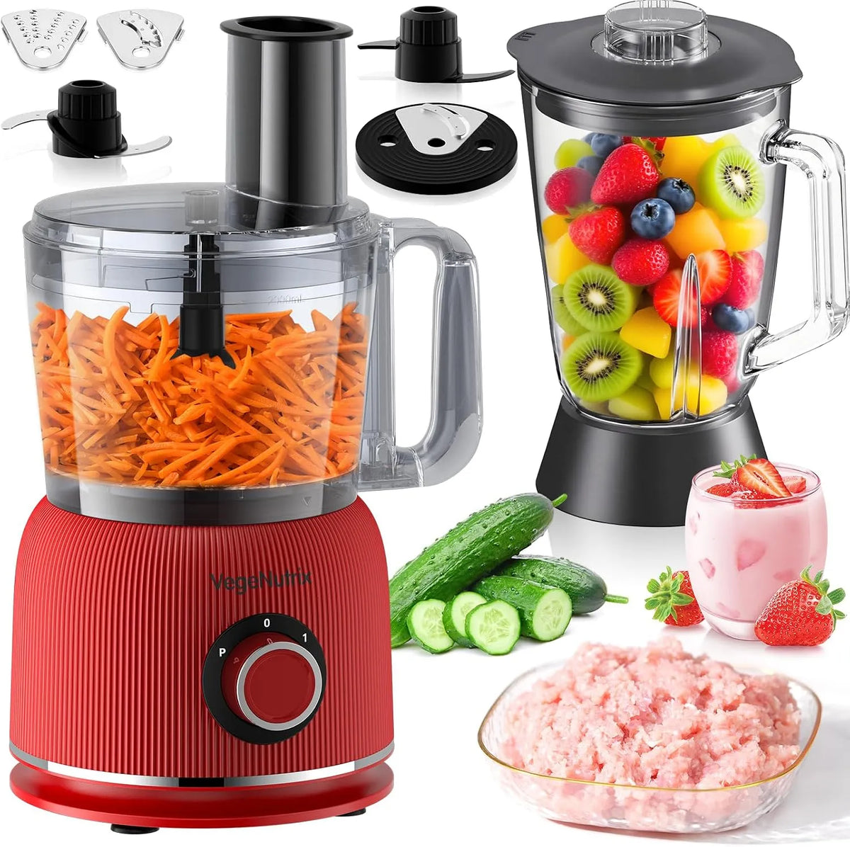 Küchenmaschine, Leistung 1500W und Mixer Kombination, Fassungsvermögen 2,5L Zerkleinerer für Fleisch, Fassungsvermögen 2L Standmixer mit Glasbehälter