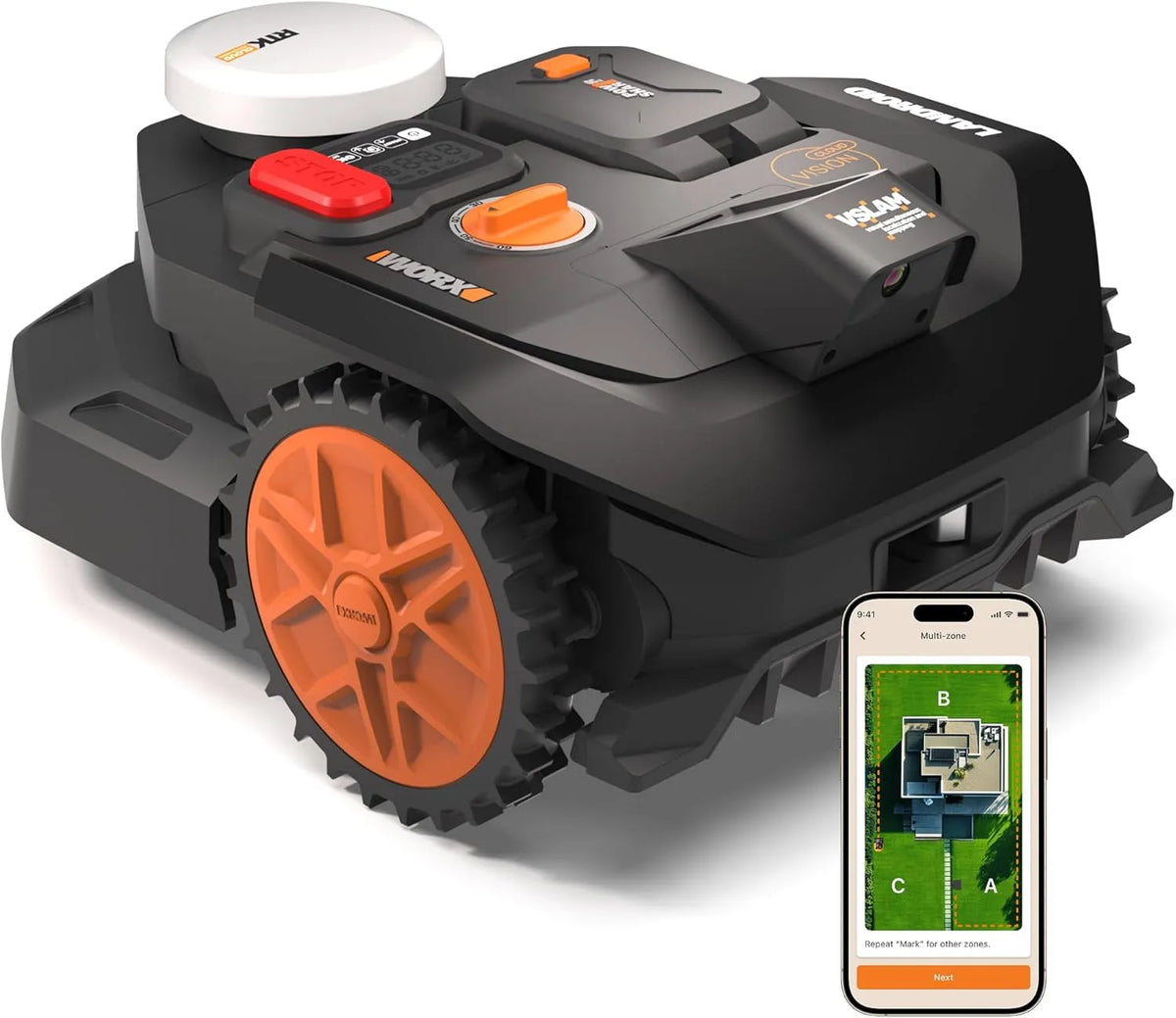 Worx Modell WR304E 2WD, KI-Hinderniserkennung, Auto-Mapping, Landroid Vision Cloud Mähroboter ohne Begrenzungskabel für 400 m², App-Steuerung