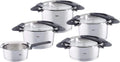 Topfset Fissler Intensa/Edelstahl, 3 Kochtöpfe, 1 Stielkasserolle-deckellos, Induktion, 5-teilig, 1 Bratentopf, Töpfe mit Metall-Deckel