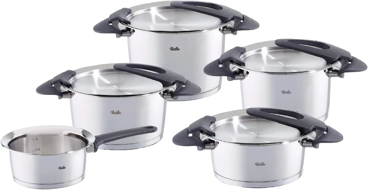 Topfset Fissler Intensa/Edelstahl, 3 Kochtöpfe, 1 Stielkasserolle-deckellos, Induktion, 5-teilig, 1 Bratentopf, Töpfe mit Metall-Deckel