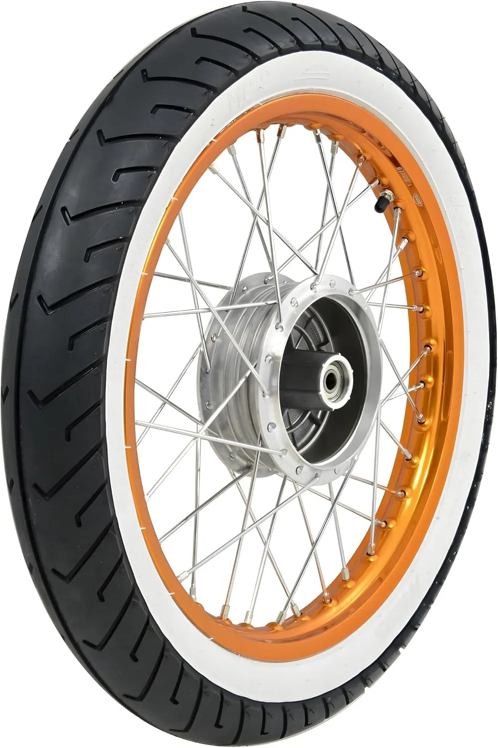 Modell MC2 Komplettrad, 1,5x16 Zoll, HINTEN, Alufelge orange eloxiert und poliert, Chromspeichen, MITAS-in Weißwandreifen montiert