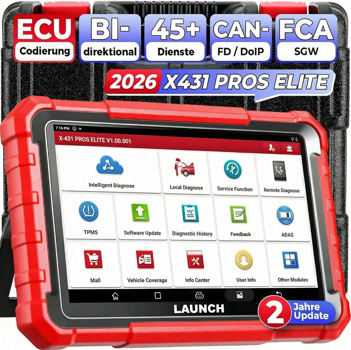 Modell PROS Elite Diagnosegerät X431 OBD2 LAUNCH, 45+ Zurücksetzen, FCA SGW Autos, All-System-Diagnose, CANFD & DOIP, Aktive Tests