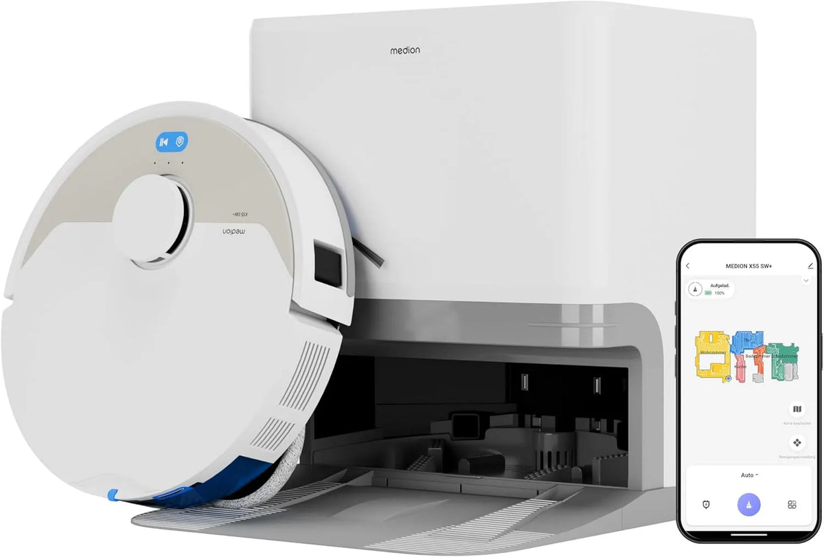 Saugroboter X55 2in1 MEDION, mit 3-in-1 Absaugstation, Starke 10000Pa Saugkraft, Lasernavigation und Wischfunktion SW+, Roboterstaubsauger