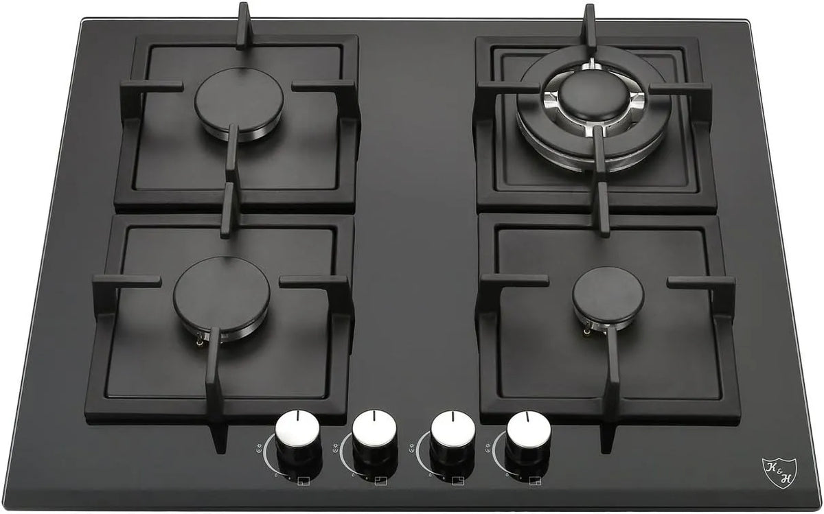 Kochfeld 4Z-KHG, 4 ZONEN, Wok Brenner, Autark, Gehärtetes Sicherheitsglas, K&H Glas Gaskochfeld 58cm, Gasherdplatten Erdgas, Gasbetrieben