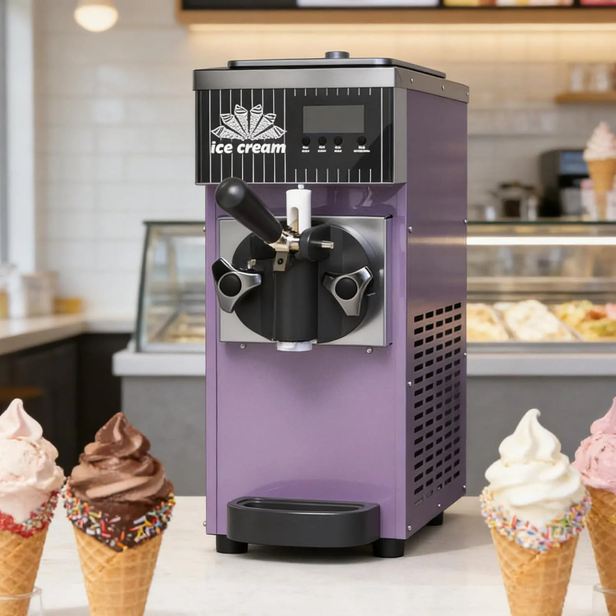 Eismaschine Purple-3.5L, Professioneller Softeishersteller Mit Edelstahlgehäuse,450 W, 750 W Leistung & 3,5 L, 7,4 L Fassungsvermögen, Für Eine Sorte