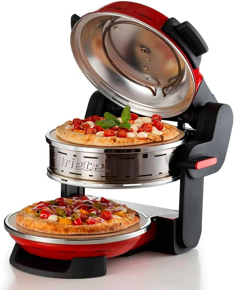 Ariete Forno Pizza Doppio 927, Pizzaofen mit 5 Kochstufen, Max. Temperatur: 400°C, 2 feuerfesten Antihaft-Platten, 2 Thermostate, Rot, Leistung 2300W