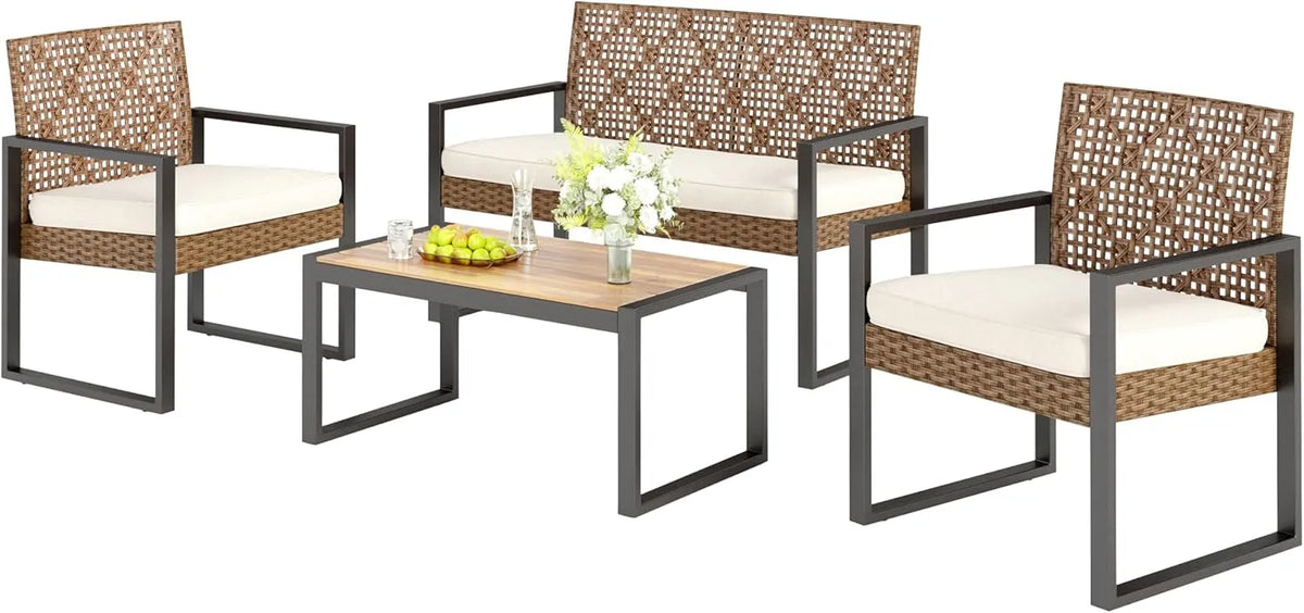 Sofa Braun, 2 x Sessel und 1 x Tisch, 4 Personen Outdoor Lounge Möbel Gartensofa. Wetterfest Rattan Balkon Lounge für Garten Terrasse, Beige &