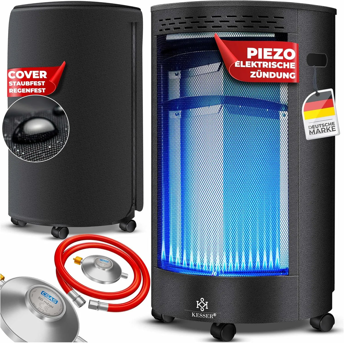 Kesser Gasheizer Keramik 4200 Watt Gas Heizstrahler inklusive. Gasdruckregler Gasschlauch, Infrarot Keramikbrenner, in Schwarz