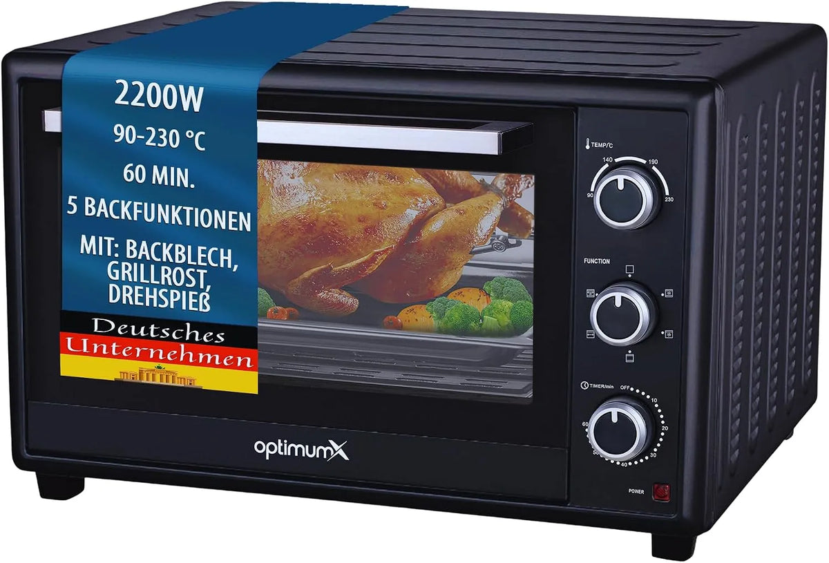 Backofen, OptimumX Minibackofen 60 Liter XXL mit Umluft, Leistung 2200W, Drehspieß, Anthrazit