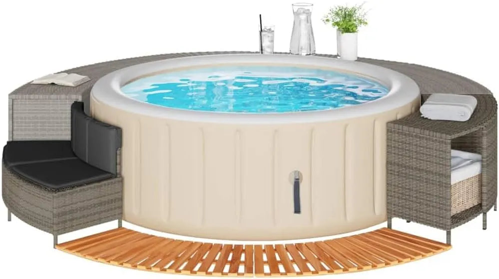 Whirlpool, Hommdiy -Umrandung Farbe Grau Poly Rattan und Massivholz Akazie 2X Stufe